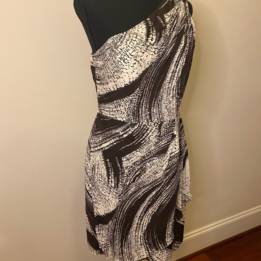 Shoshanna Dark Brown and White One Shoulder Silk Julie Dress